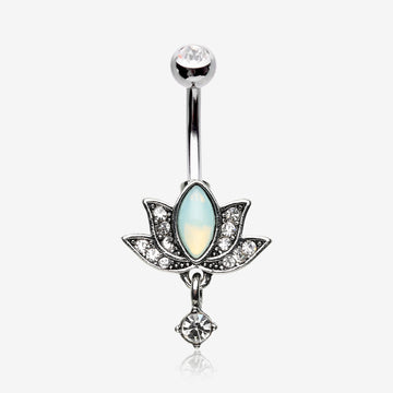 Divine Lotus Sparkle Dangle Belly Button Ring-Clear Gem/Pacific Opalite